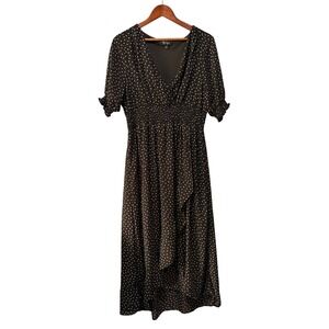 Polka Dot Midi Dress Black White Smocked Waist V-Neck XL High-Low